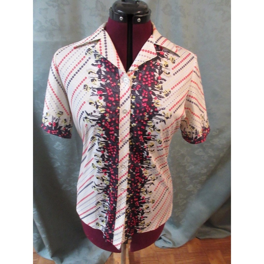 Vintage Puccini Polyester Shirt Size 10 Floral Print Wide Collar Top